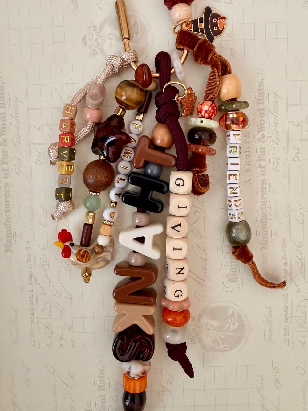 Beaded Charm Bracelet Trio in Brown & Cream - Giving, Thankful, Friends